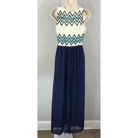 As U Wish Maxi Dress ~ Sz M ~ Blue ~ Long ~ Lined ~ Sleeveless ~ Chevron Top - Picture 5 of 7